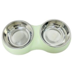 Double Dining Pet Feedrer With Stainless Steel Bowl & Non Slip Rubber Bottom -Green 33*17.6*5Cm