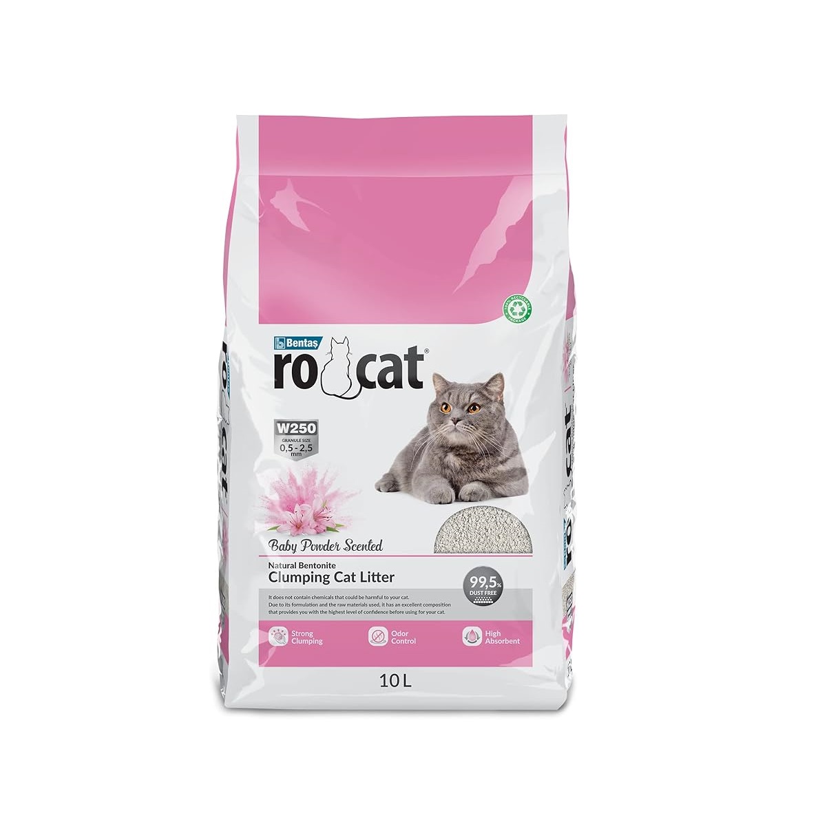 RoCat white bentonite clumping cat litter 10lt Baby Powder